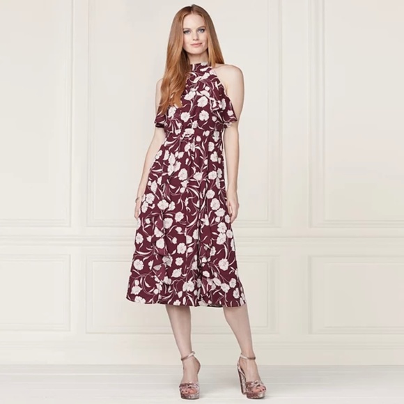 LC LAUREN CONRAD RUNWAY COLLECTION Dress Midi Floral Halter Ruffle Wine 2 12 - Picture 1 of 7